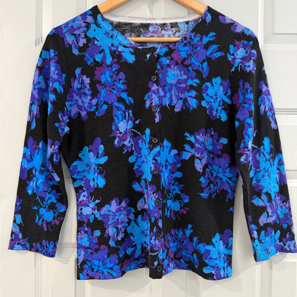 Garnet Hill 100% Merino Wool Cardigan Sweater Black Blue Purple Floral